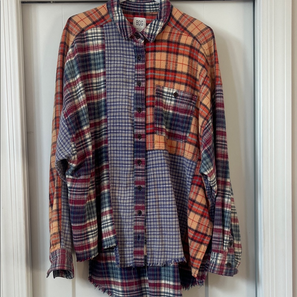 BDG Multi-Plaid Button-Down Shirt in Orange, Purple, Red, Cream